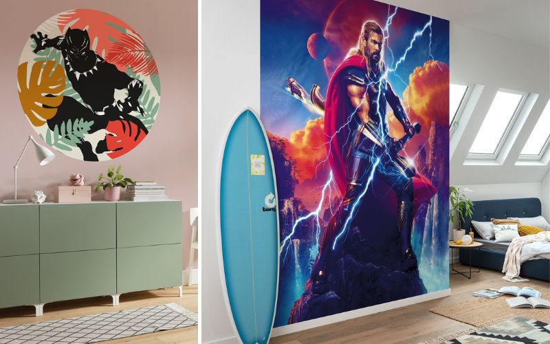 Marvel by Komar Fototapeten: links ein rundes Wandmotiv mit Black Panther im Kinderzimmer, rechts eine großflächige Fototapete mit Thor in epischer Szene im Jugendzimmer